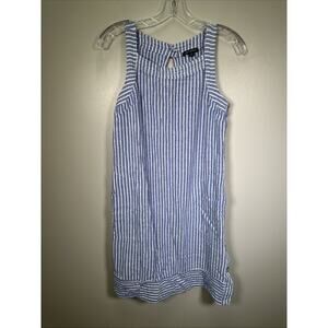 For Cynthia Sleeveless‎ Dress S Blue White Striped Linen Blend Pockets Nautical